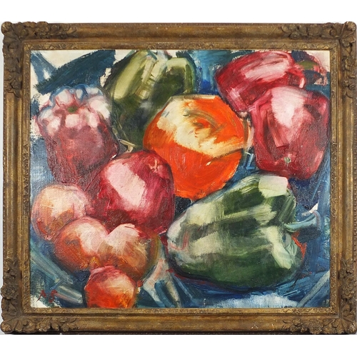 682 - Still life fruit, oil on board, bearing a monogram MS, mounted and framed, 71cm x 60cm excluding the... 