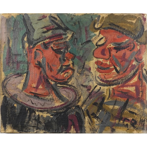 2117 - Abstract composition, two clowns, oil on canvas, unframed, 54cm x 44cm