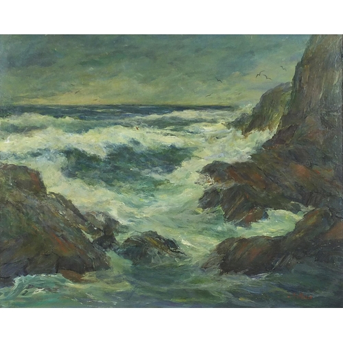 1967 - After William George Gillies - Coastal scene with choppy sea, oil on board, mounted and framed, 49cm... 