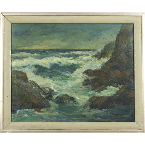 1967 - After William George Gillies - Coastal scene with choppy sea, oil on board, mounted and framed, 49cm... 