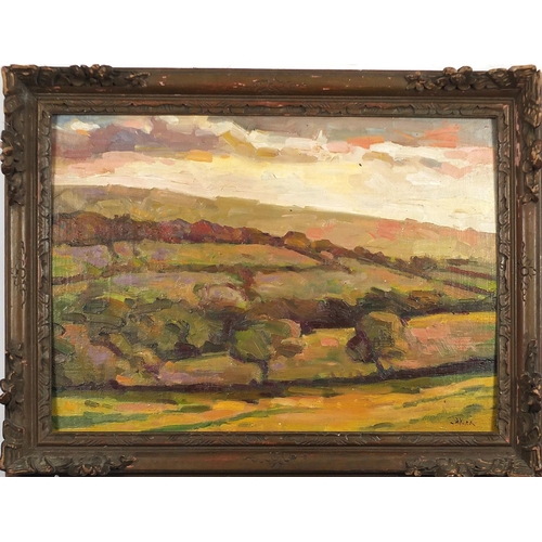 1965 - Trees before hills, Impressionist oil on board, mounted and framed, 55cm x 39cm excluding the mount ... 