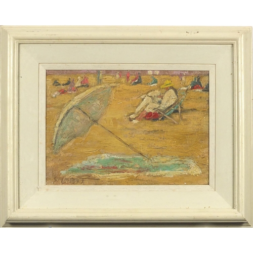 365 - After Edward Le Bas - Seated figures on a beach, British school oil, mounted, framed and glazed, 32.... 