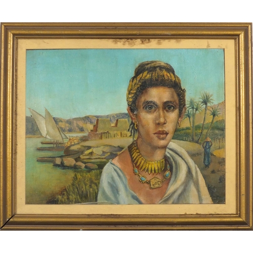 866 - After René Martin - Portrait of a young woman before a Middle Eastern landscape, oil, mounted, frame... 