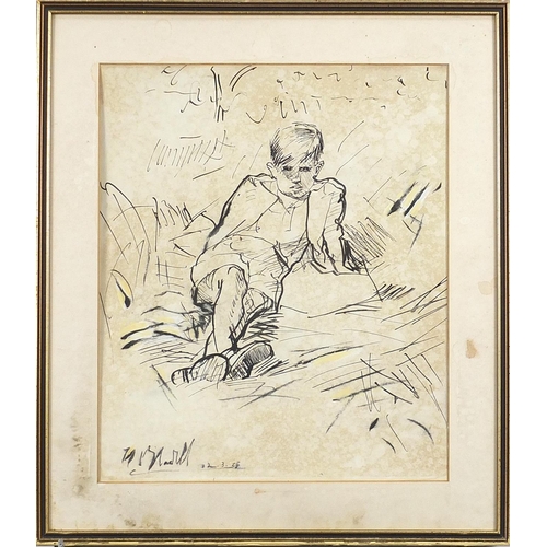 2114 - Full length portrait of a seated boy, mixed media, mounted, framed and glazed, 41cm x 34.5cm excludi... 