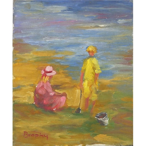 2134 - Manner of Elizabeth Brophy - Two children on a beach, oil on canvas, unframed, 30.5cm x 25cm