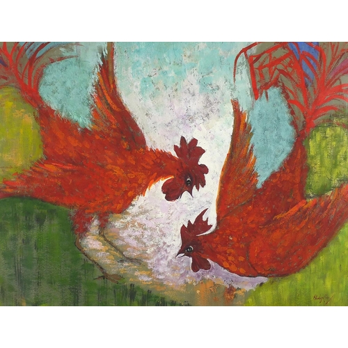 1908 - Cock fighting, mixed media, framed and glazed, 67.5cm x 51cm excluding the frame