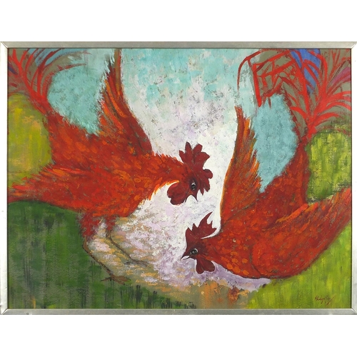 1908 - Cock fighting, mixed media, framed and glazed, 67.5cm x 51cm excluding the frame