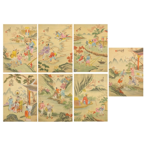 2044 - Figures fishing and playing, set of seven Chinese watercolour on silks, each with character marks an... 