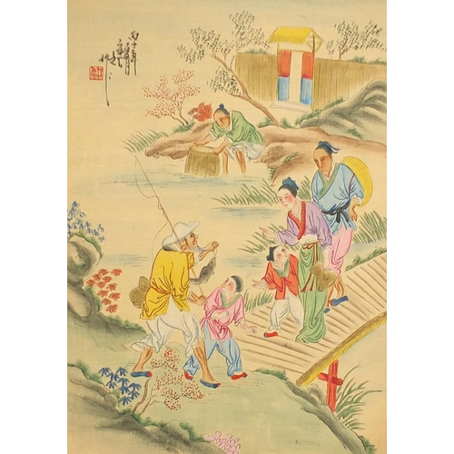 2044 - Figures fishing and playing, set of seven Chinese watercolour on silks, each with character marks an... 