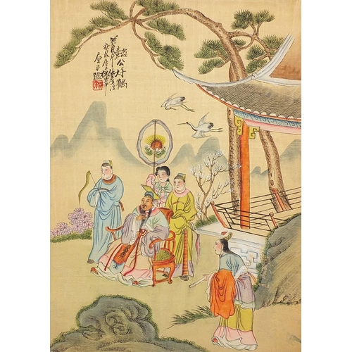 2044 - Figures fishing and playing, set of seven Chinese watercolour on silks, each with character marks an... 