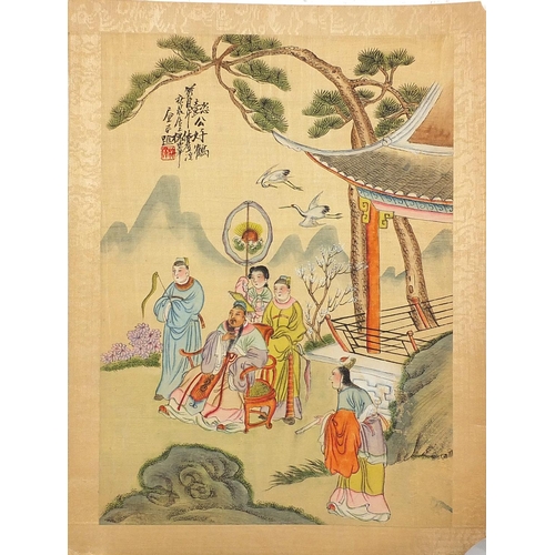 2044 - Figures fishing and playing, set of seven Chinese watercolour on silks, each with character marks an... 