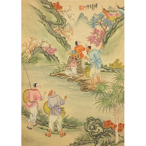 2044 - Figures fishing and playing, set of seven Chinese watercolour on silks, each with character marks an... 