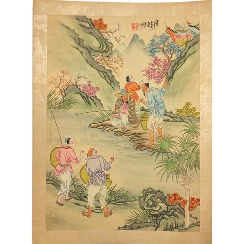 2044 - Figures fishing and playing, set of seven Chinese watercolour on silks, each with character marks an... 