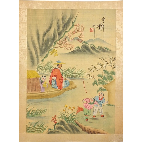 2044 - Figures fishing and playing, set of seven Chinese watercolour on silks, each with character marks an... 