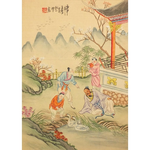 2044 - Figures fishing and playing, set of seven Chinese watercolour on silks, each with character marks an... 