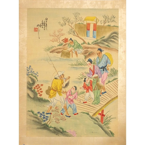 2044 - Figures fishing and playing, set of seven Chinese watercolour on silks, each with character marks an... 