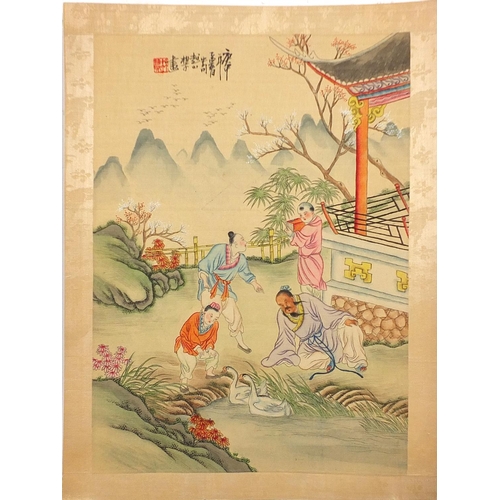 2044 - Figures fishing and playing, set of seven Chinese watercolour on silks, each with character marks an... 