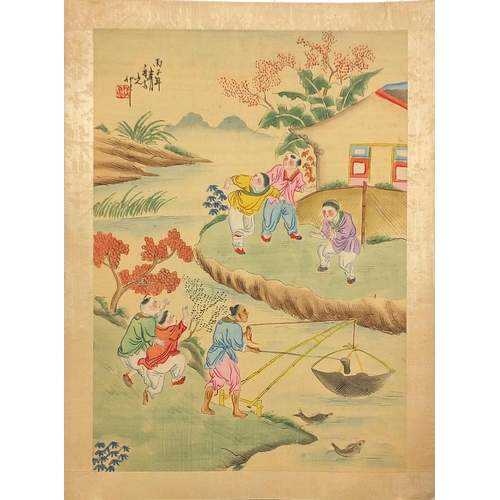 2044 - Figures fishing and playing, set of seven Chinese watercolour on silks, each with character marks an... 