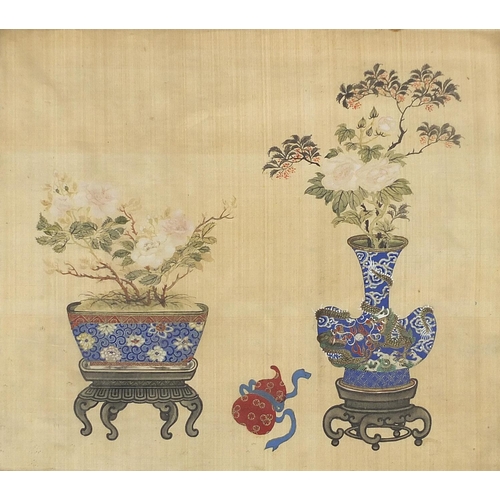 2587 - Still life flowers in vases, Chinese watercolour on silk, framed and glazed, 31cm x 27.5cm excluding... 