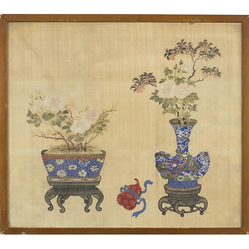 2587 - Still life flowers in vases, Chinese watercolour on silk, framed and glazed, 31cm x 27.5cm excluding... 