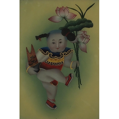 1944 - Chinese glass panel reverse painted with a child holding flowers, framed, 48.5cm x 33.5cm excluding ... 