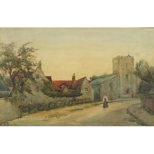 1875 - A V Smedley - Lady in a street before a church, late 19th century signed watercolour, mounted, frame... 