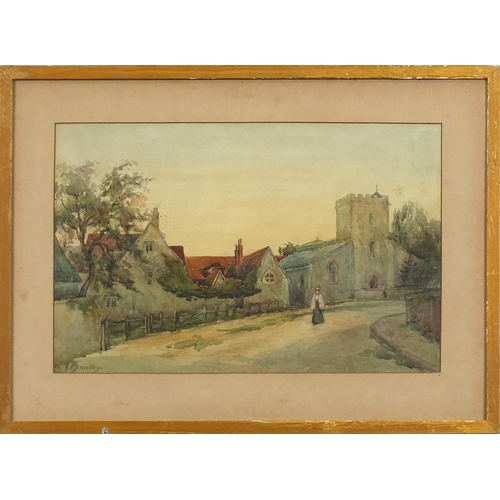 1875 - A V Smedley - Lady in a street before a church, late 19th century signed watercolour, mounted, frame... 