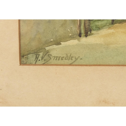 1875 - A V Smedley - Lady in a street before a church, late 19th century signed watercolour, mounted, frame... 