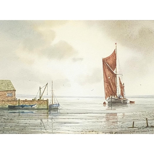 2046 - Alan Whitehead - Estuary scene with Thames barge, signed watercolour, mounted, framed and glazed, 19... 