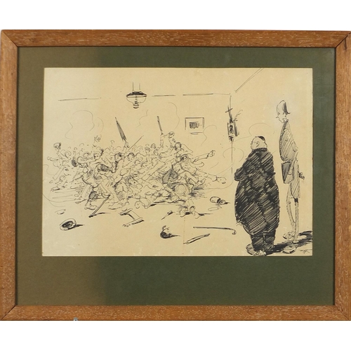 2048 - Rudolph Hesse - Bavarian Pugnacity, signed pen drawing, exhibition label verso, mounted, framed and ... 