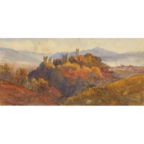 1838 - View of a castle on a hilltop, watercolour, details verso, mounted, framed and glazed, 36cm x 16.5cm... 