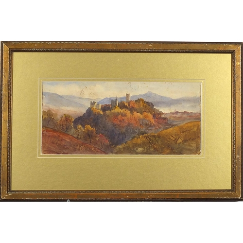 1838 - View of a castle on a hilltop, watercolour, details verso, mounted, framed and glazed, 36cm x 16.5cm... 