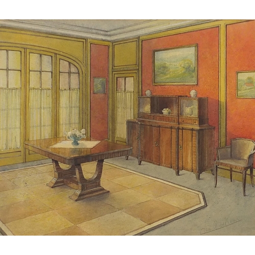 1739 - Luc Q Le Keux - Art Deco interior in the manner of Emile Jaques Ruhimann, signed watercolour, mounte... 