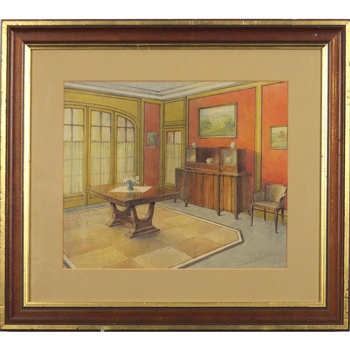 1739 - Luc Q Le Keux - Art Deco interior in the manner of Emile Jaques Ruhimann, signed watercolour, mounte... 