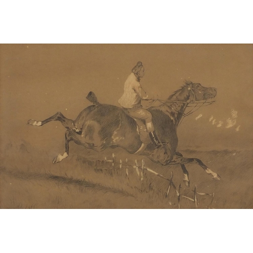 2064 - Horse and rider jumping a fence, chalk, bearing a monogram CEJ, mounted, framed and glazed, 46cm x 2... 