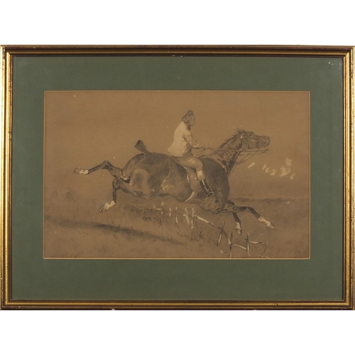 2064 - Horse and rider jumping a fence, chalk, bearing a monogram CEJ, mounted, framed and glazed, 46cm x 2... 