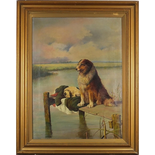 366 - Two dogs on a jetty, late 19th/early 20th century oil on canvas, mounted and framed, 68cm x 50.5cm e... 