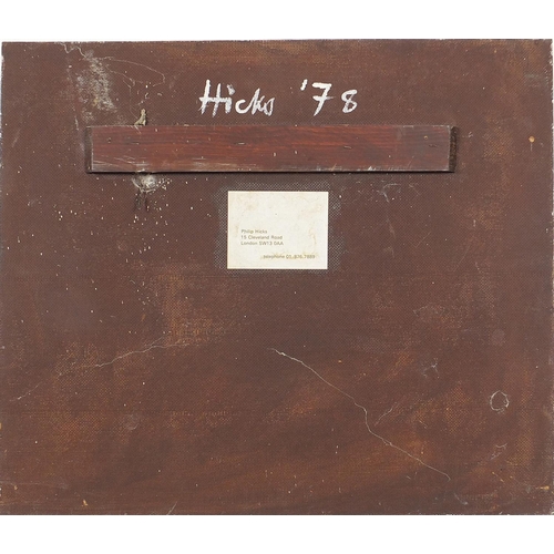 286 - Philip Hicks '78 - Abstract composition with flag, acrylic, inscription and label verso, mounted, fr... 