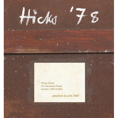 286 - Philip Hicks '78 - Abstract composition with flag, acrylic, inscription and label verso, mounted, fr... 