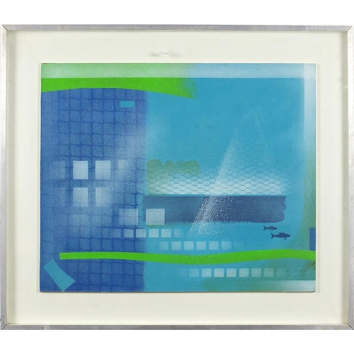 284 - Philip Hicks - Abstract composition with sharks, acrylic, label verso, mounted, framed and glazed, 4... 