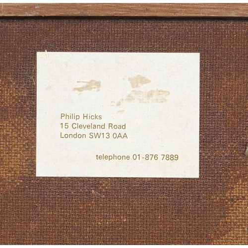 284 - Philip Hicks - Abstract composition with sharks, acrylic, label verso, mounted, framed and glazed, 4... 