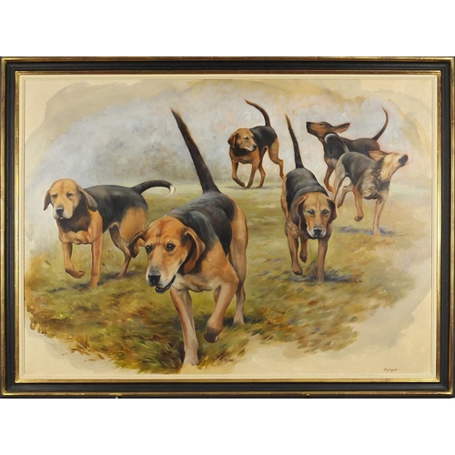 328 - Sarah Aspinall - Hunting hounds, oil on board, mounted and framed, 91cm x 66.5cm excluding the mount... 