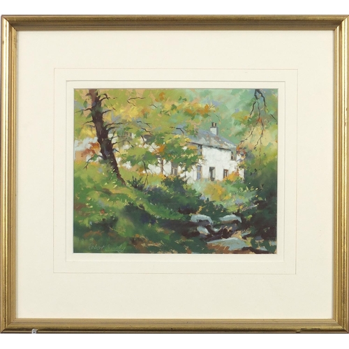 720 - Robert Brindley - Woodland before a cottage, mixed media, mounted, framed and glazed, 24cm x 19.5cm ... 