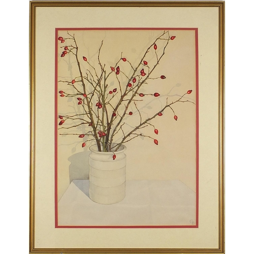 424 - Still life berries in a vase, watercolour, monogrammed CB, mounted, framed and glazed, 69cm x 48cm e... 