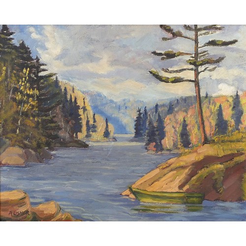 2009 - Manner of Arthur Lismer - Redstone Lake, Haliburton, Canadian school oil on board, framed, 39cm x 32... 