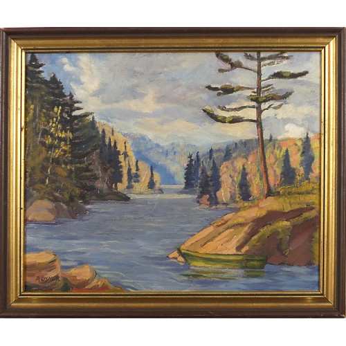 2009 - Manner of Arthur Lismer - Redstone Lake, Haliburton, Canadian school oil on board, framed, 39cm x 32... 