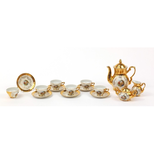1017 - Bavaria gilt porcelain six place tea service with teapot, the teapot 18cm high