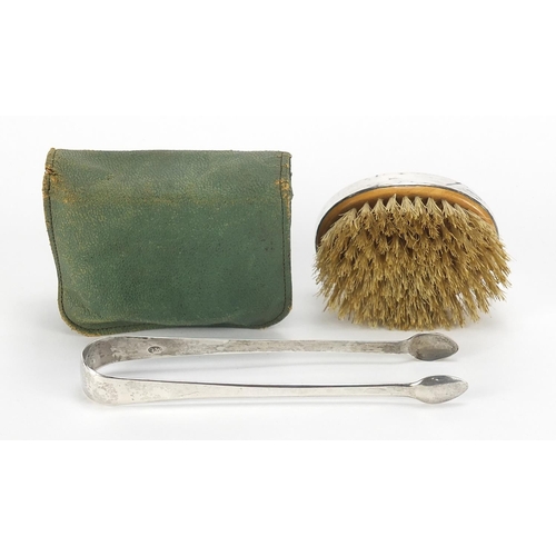 893 - Silver and Chinoiserie lacquered brush housed in a shagreen design case and a pair of George III sil... 