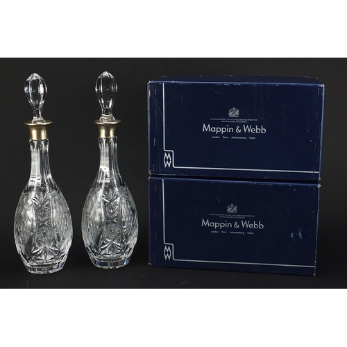 670 - Pair of Mappin & Webb cut crystal decanters with silver collars and boxes, hallmarked London 1981, 3... 