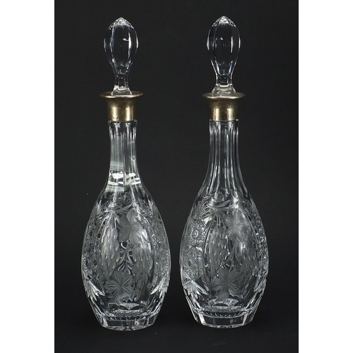 670 - Pair of Mappin & Webb cut crystal decanters with silver collars and boxes, hallmarked London 1981, 3... 